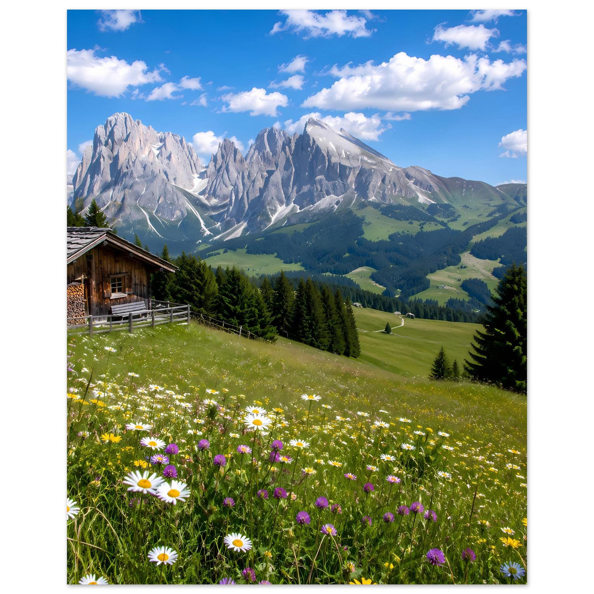 Alpenlandschafts-Poster mit Bergmassiv, Tannenwald und bunten Blumen im Vordergrund