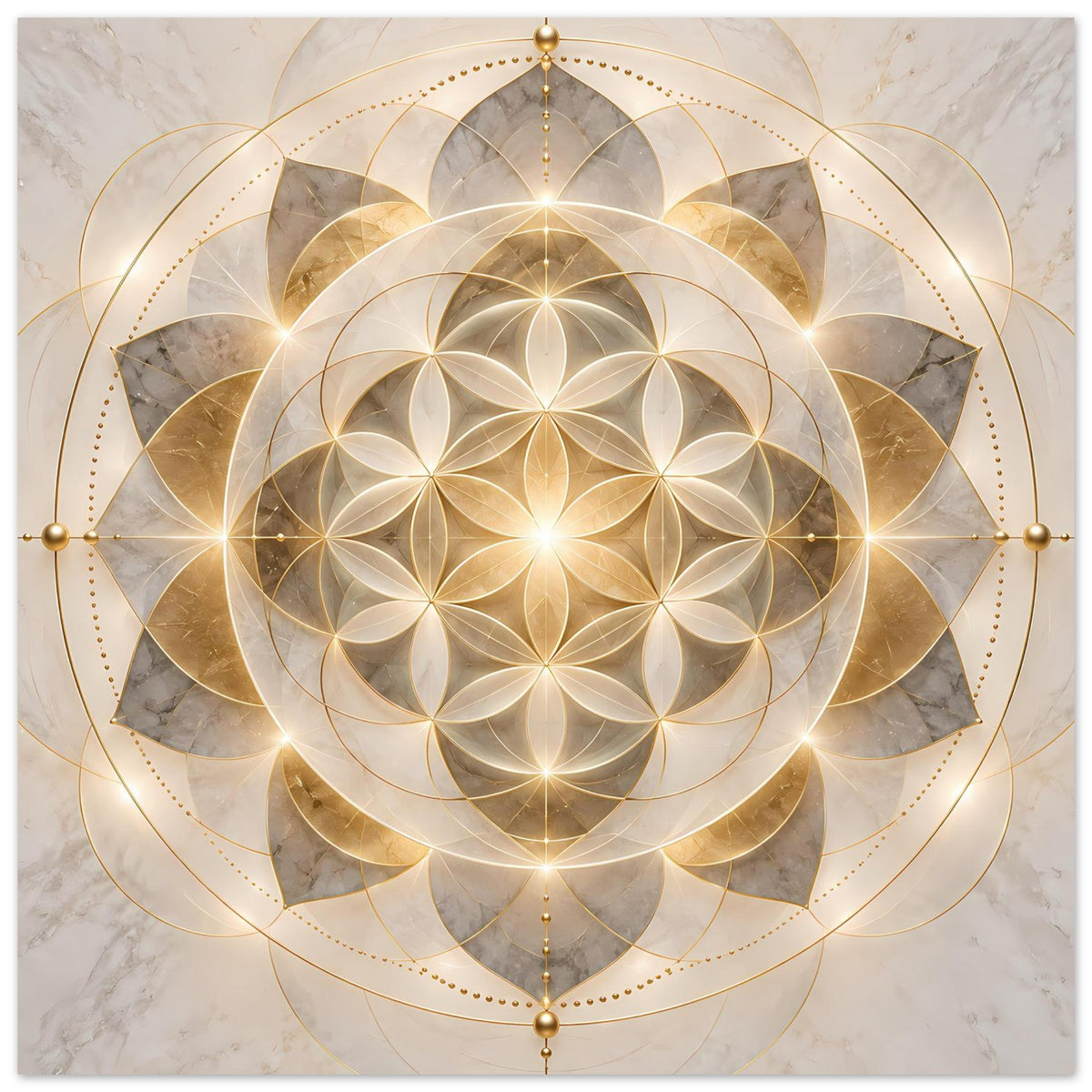 Poster mit goldenem Mandala-Ornament und leuchtender Kreisblume, beidseitig symmetrisch