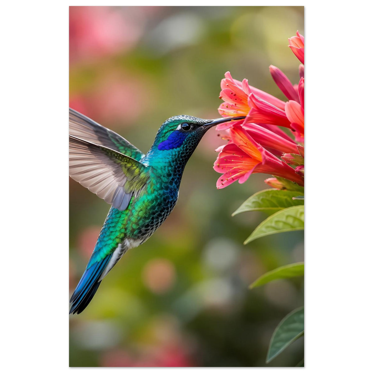 Naturposter im Hochformat: türkisgrüner Kolibri an rosa Blüten