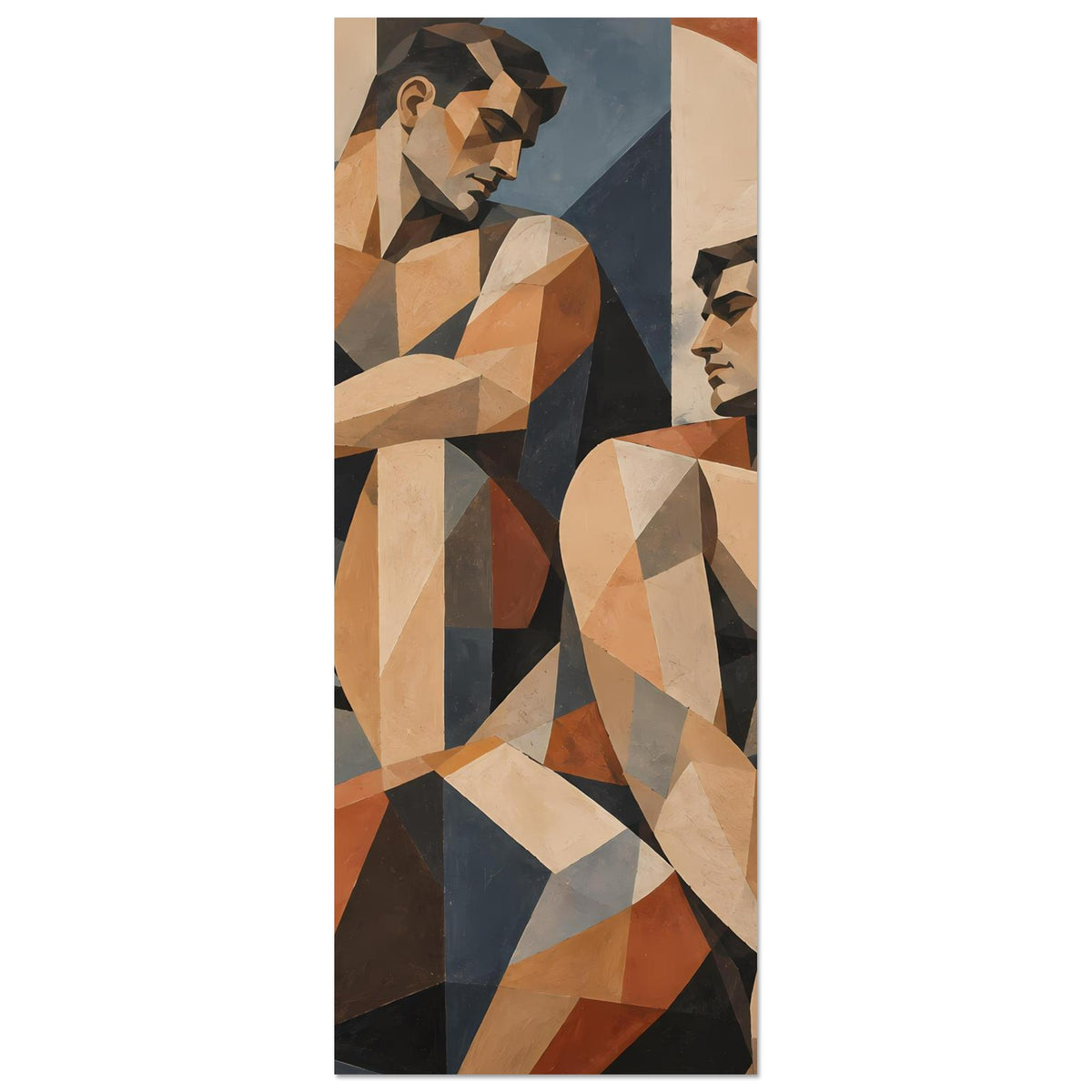 Vertikales Kunstposter mit geometrischer Figur im warmen Farbmix, beige und dunkelblau