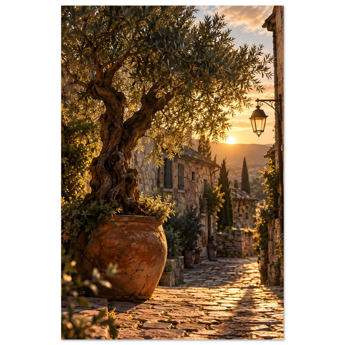 Poster: mediterrane Gasse mit Olivenbaum, Terrakottatopf links, Laterne rechts
