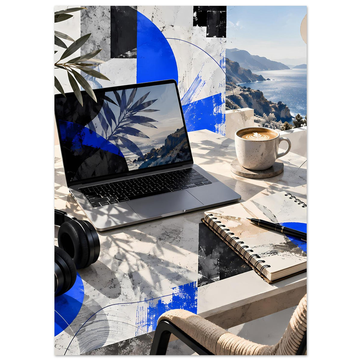 Küstenposter mit blauem Abstractmotiv und Meerblick, Laptop, Notizblock und Tasse