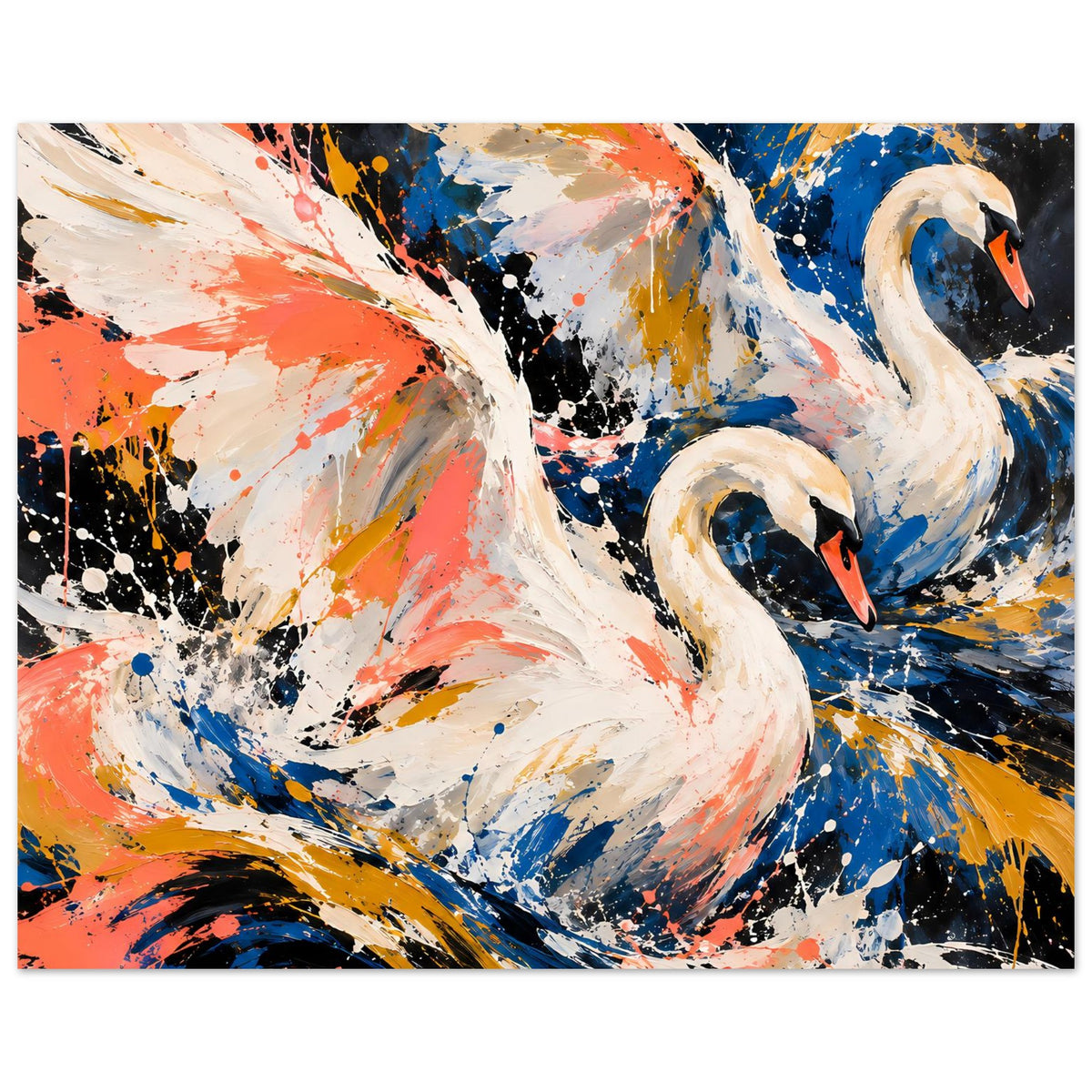 Kunstposter mit zwei weißen Schwänen in dynamischer Spritzfarben-Optik, blau, koralle, gold