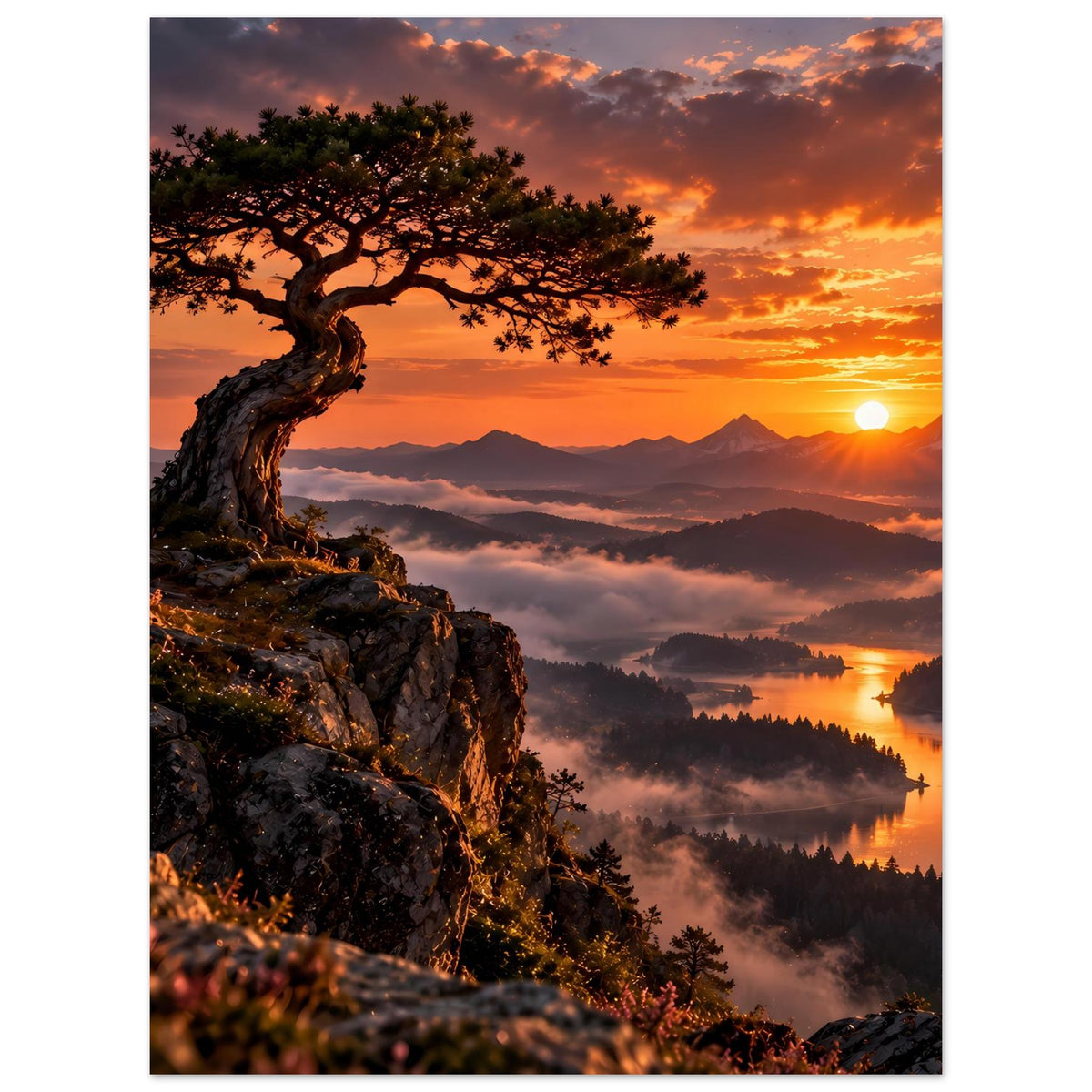 Vertikales Poster mit Baum auf Felsen, Berge und Sonne am Horizont