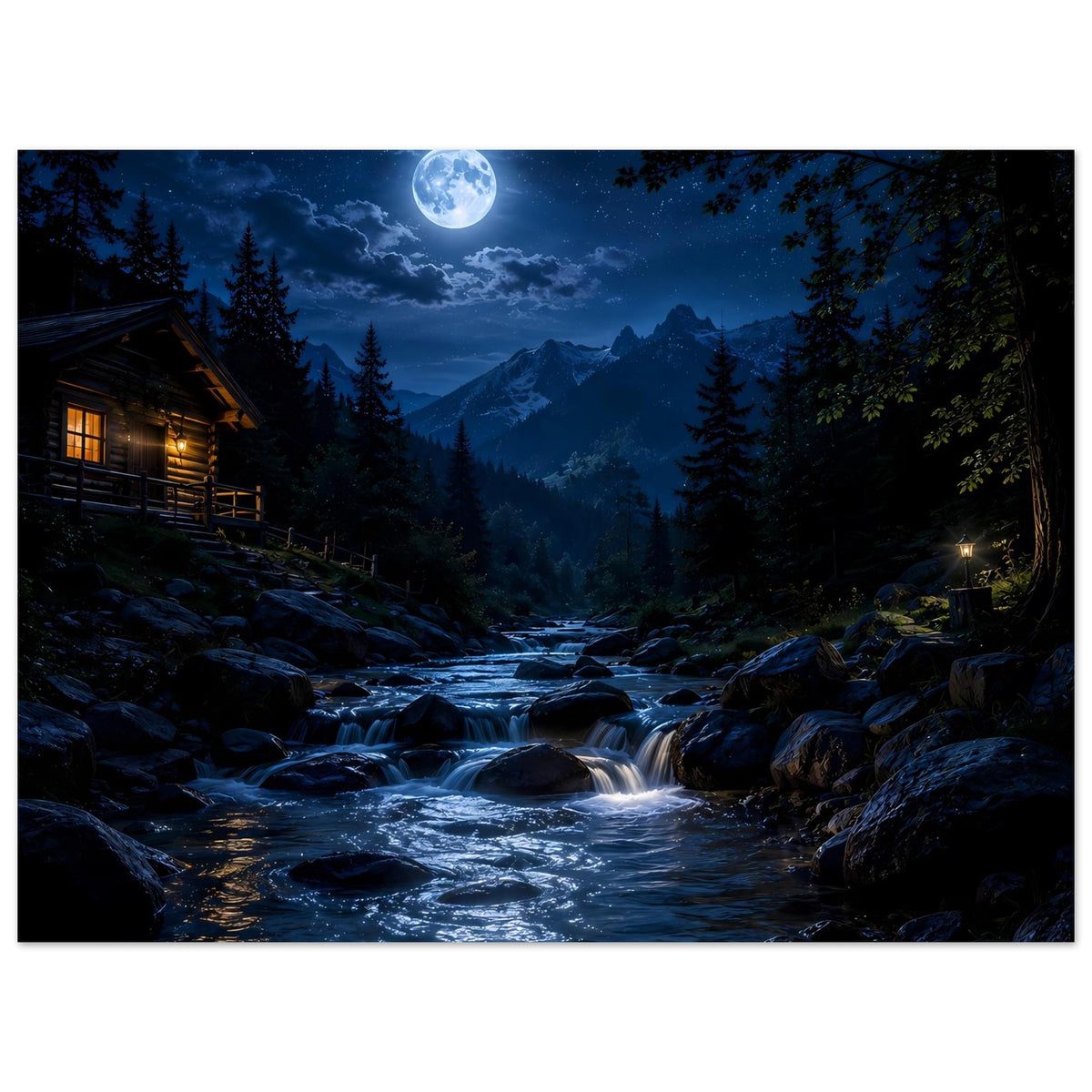 Querformat-Waldposter: mondscheinheller Gebirgsfluss zwischen Felsen und Tannen, Nachtblau.