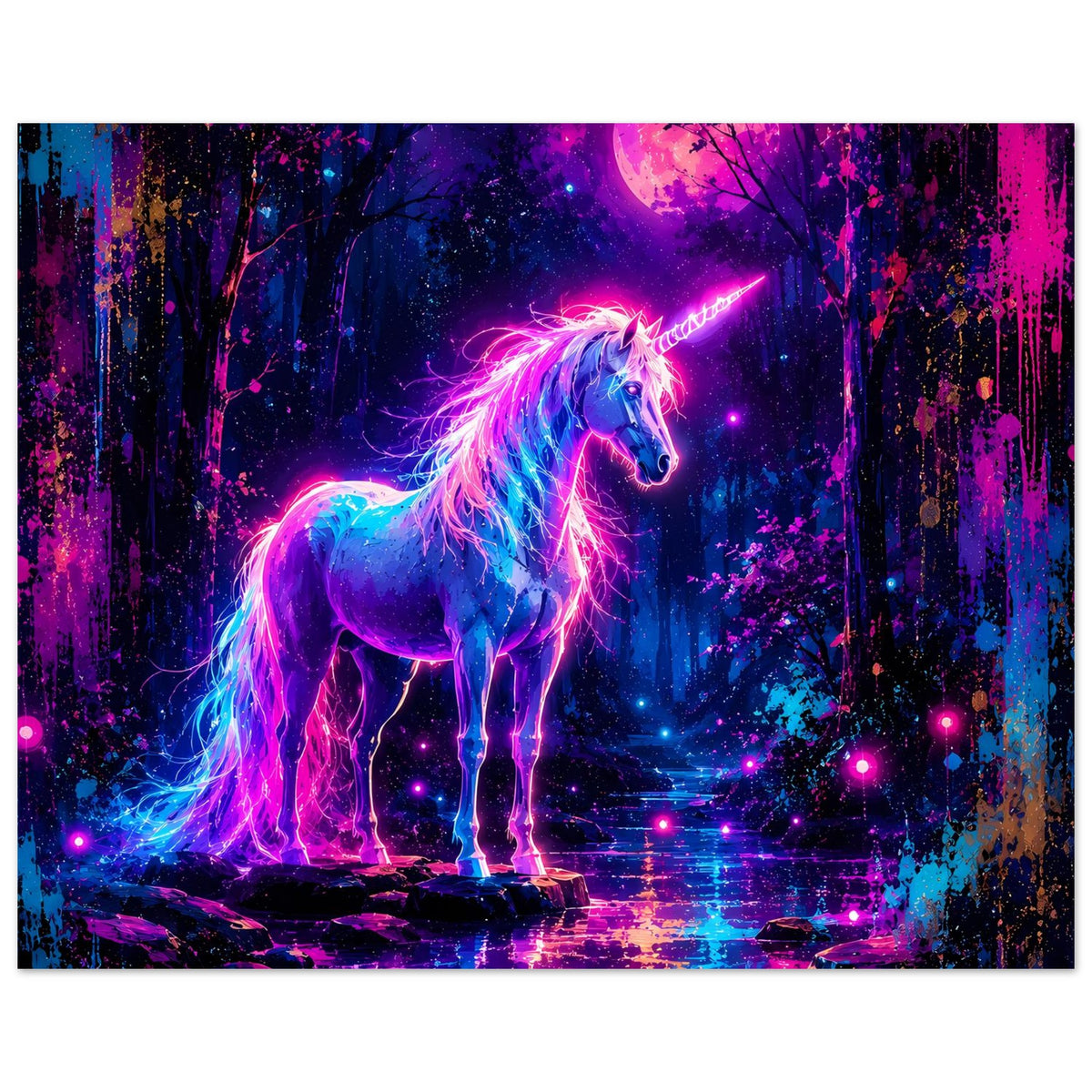Neon-Einhorn-Poster, Einhorn ganzfigurig, kräftige Neonfarben an Mähne und Fell