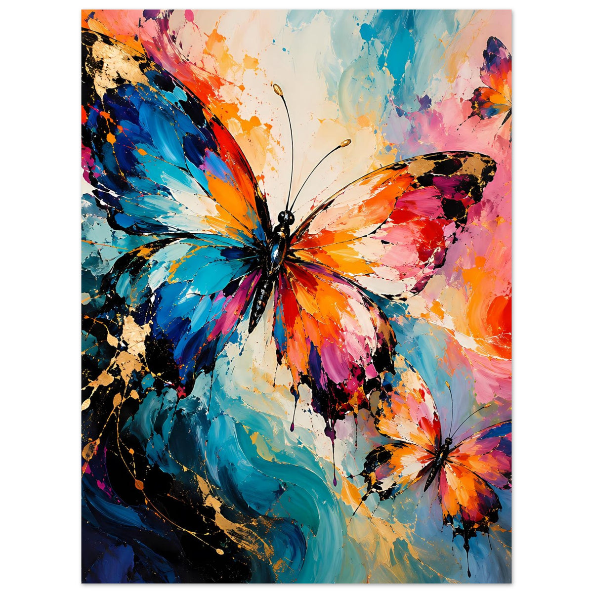 Schmetterlingsposter im Hochformat mit großem Schmetterling, Details in Orange und Blau