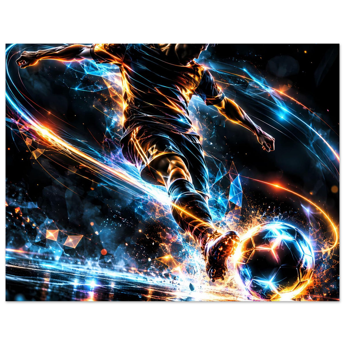Gerahmtes Neon-Fußball-Actionposter, horizontal: Stürmer mit blauen/orangen Lichtbahnen und Ball