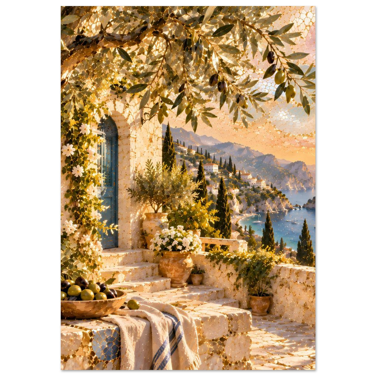 Wandkunst-Print: mediterrane Tür-/Bogenwand, Zypressen und blühende Töpfe am Aussichtspunkt
