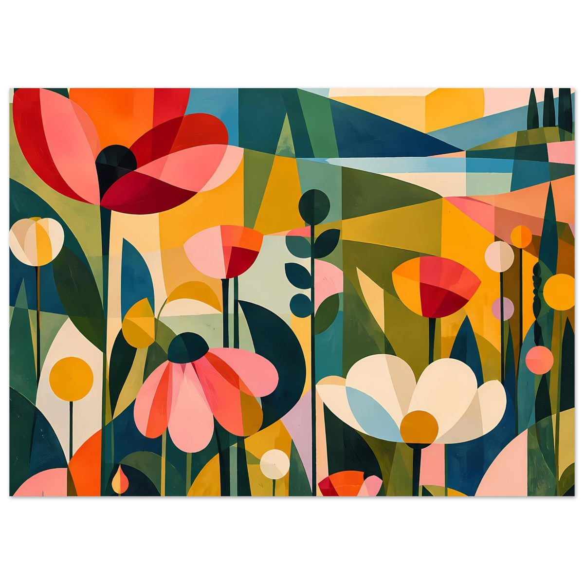 Horizontales Blumenposter mit abstrakten Blüten, Kreisformen und grünen, roten sowie gelben Flächen.