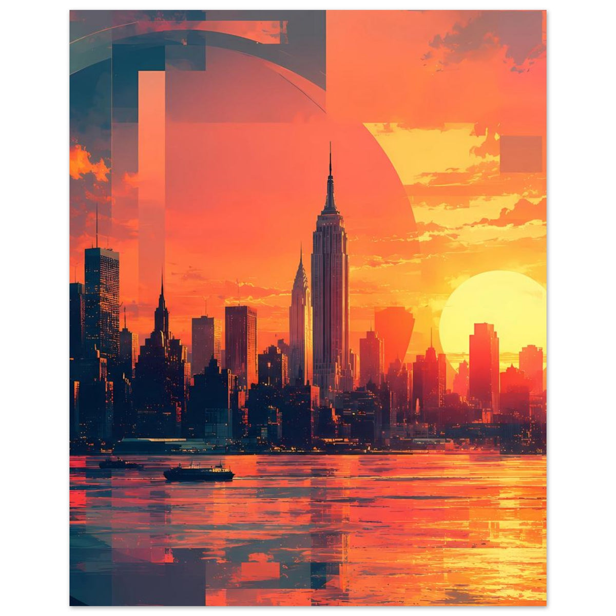 Sonnenuntergangsposter mit Skyline, gelber Sonne, Flussreflexion und Farbflächen