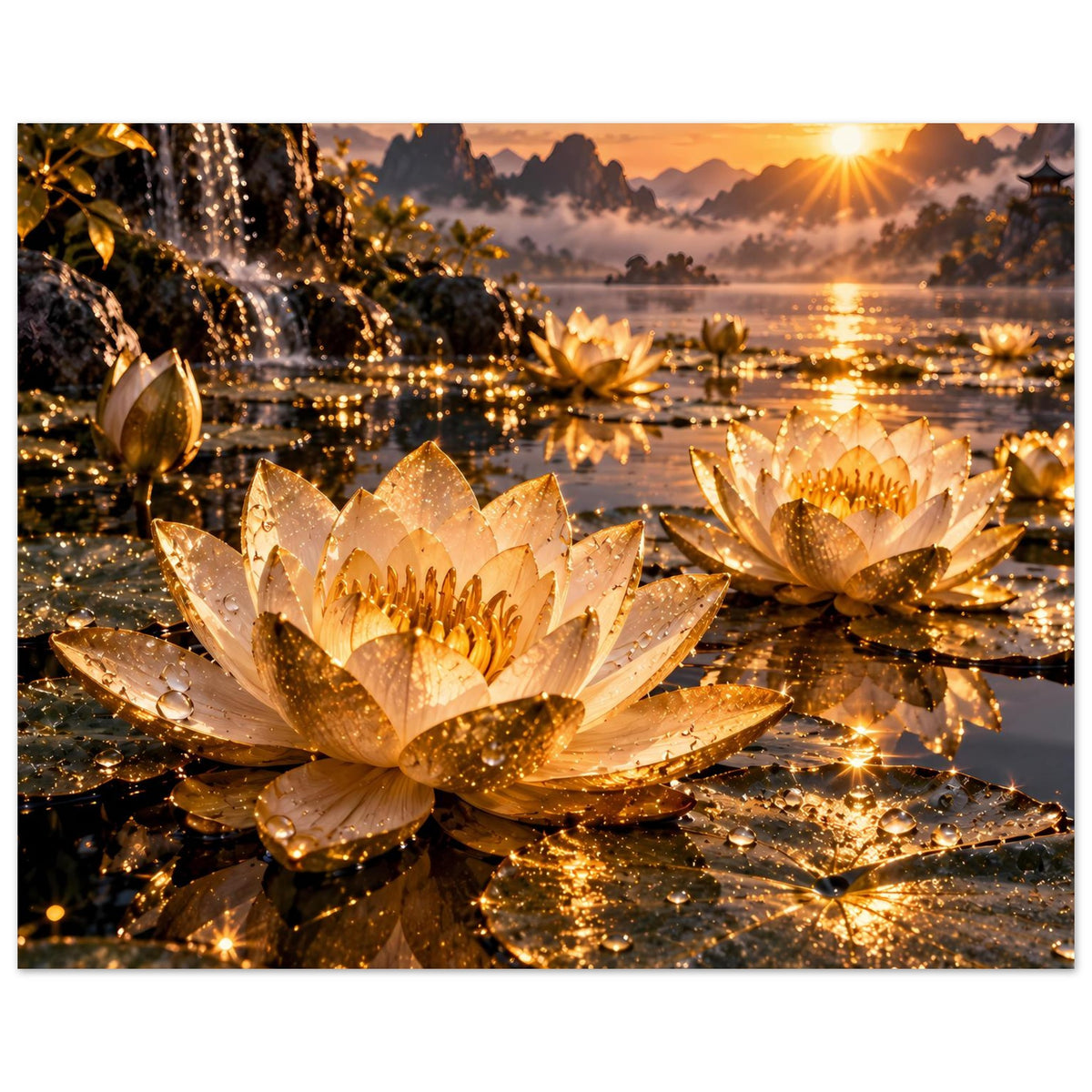 Landschafts-Poster: goldene Lotusblüten am Wasser mit vielen Glitzerlichtern und Sonne