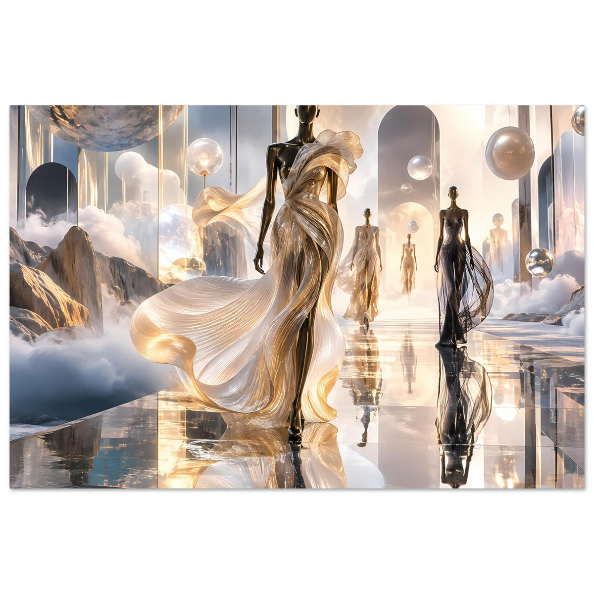 Ethereales Mode-Poster mit goldener Hauptfigur und dunklen Silhouetten im Gesamtrahmen