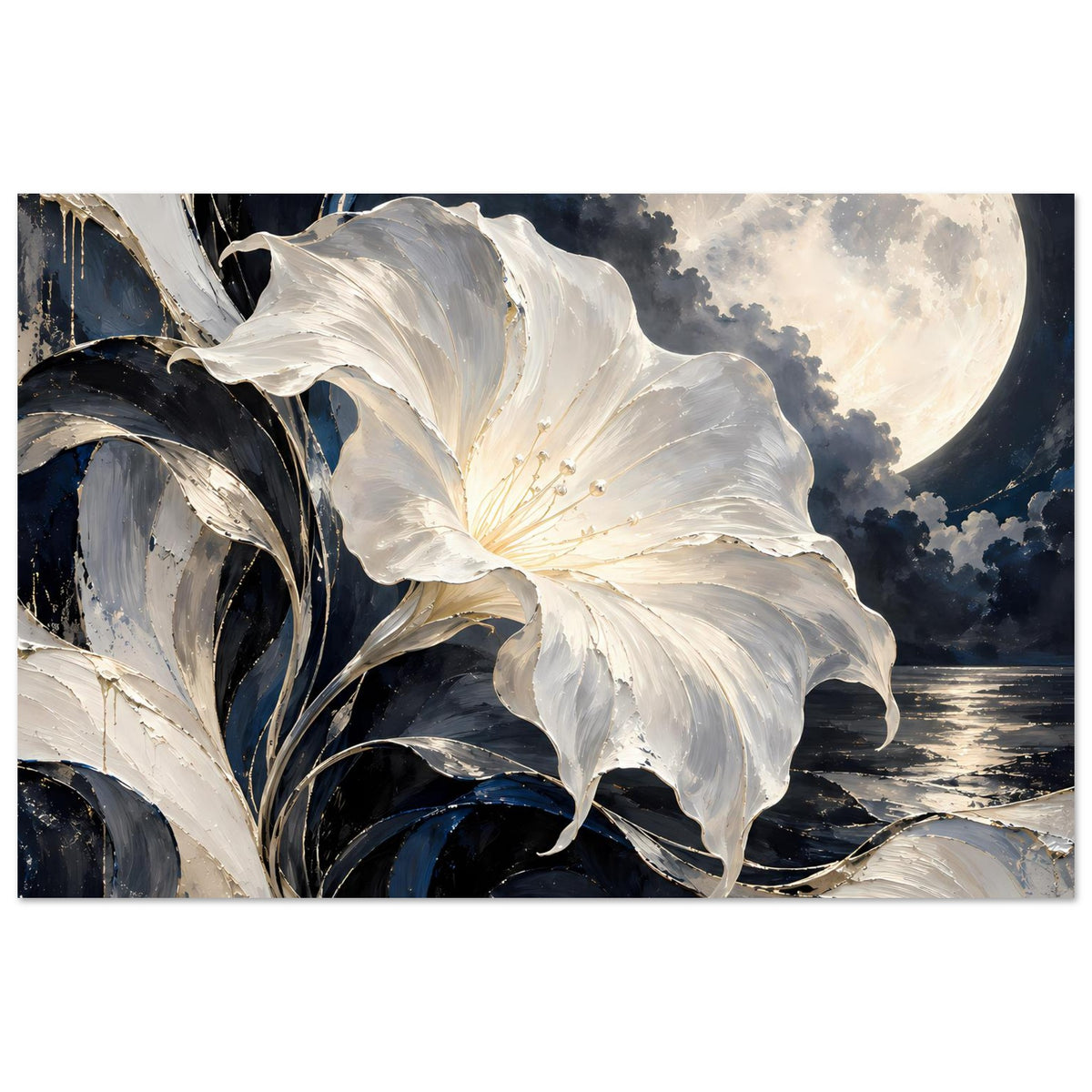 Blumenposter mit weißer Blüte, dunklem Blattwerk und hellem Mond über See