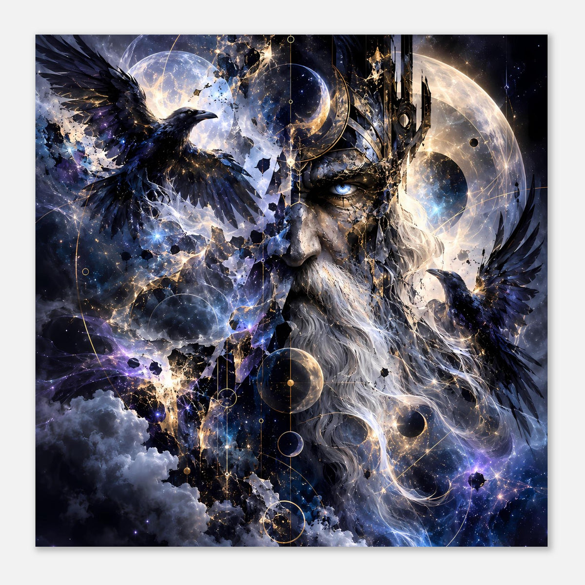 Fantasy-Poster im quadratischen Ausschnitt mit Sagenkönig-Gesicht, Rabe und Sternen