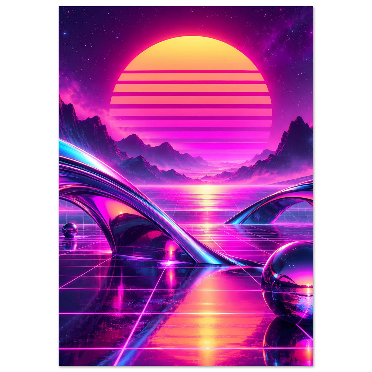 Neon-Science-Fiction-Poster (Hochformat) mit Sonnen-Lichtscheibe, Bergen, Grid und Glaskugel rechts