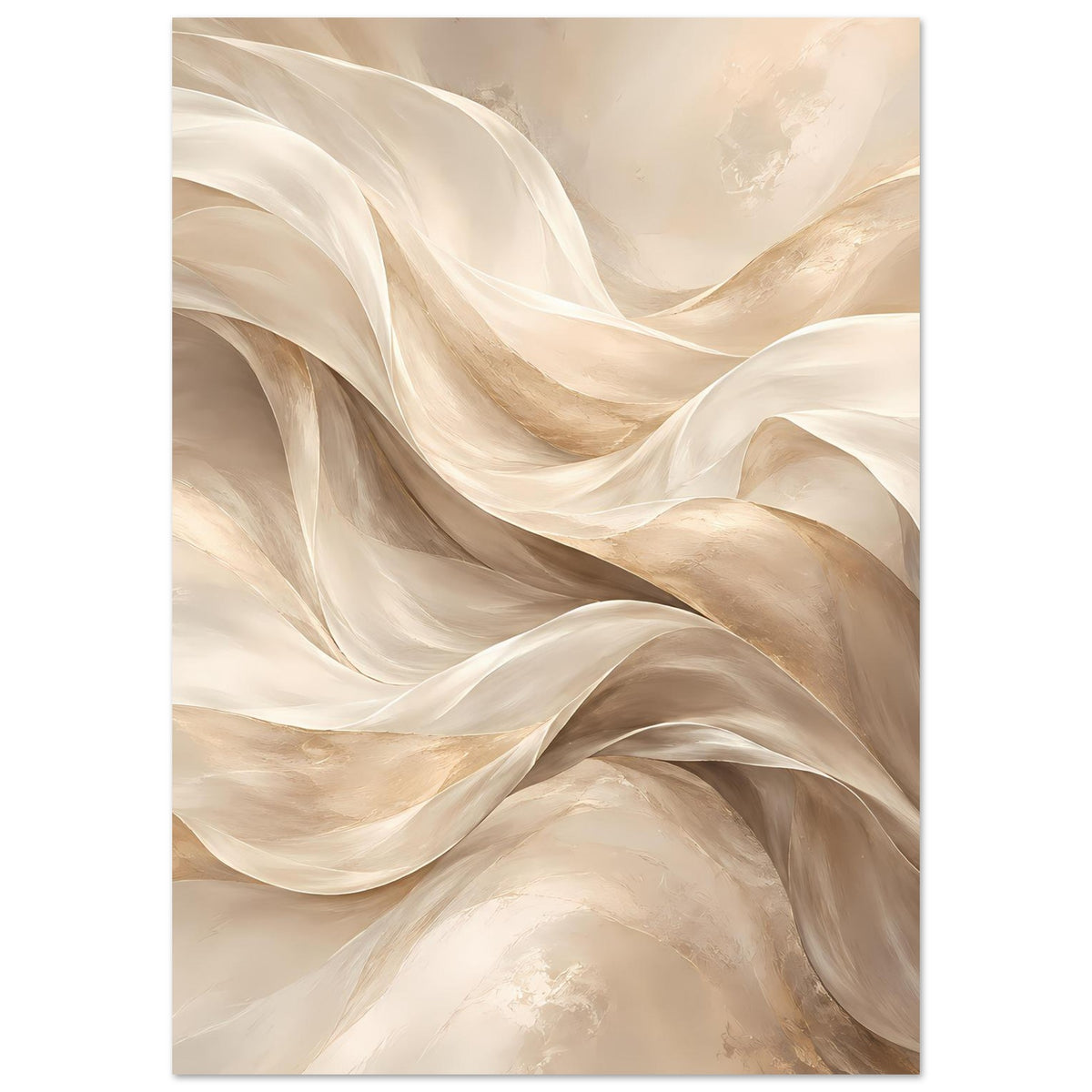 Abstraktes Fluss-Poster, vertikal: sanfte Wellen mit Akzenten in Gold auf hellem Creme-Beige.