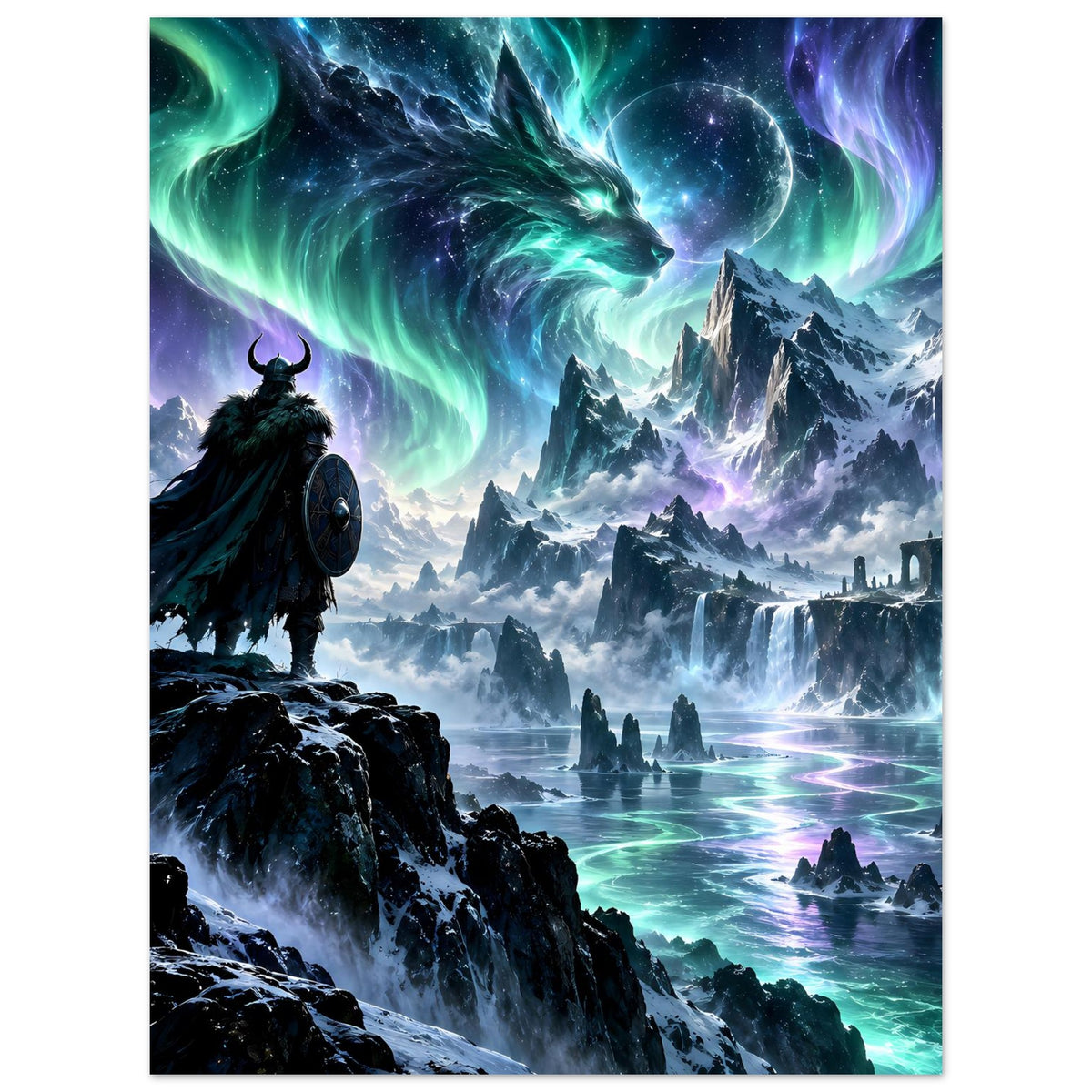 Fantasy-Poster im Hochformat: dunkler Krieger auf Felsen, Polarlicht-Drachen am Himmel