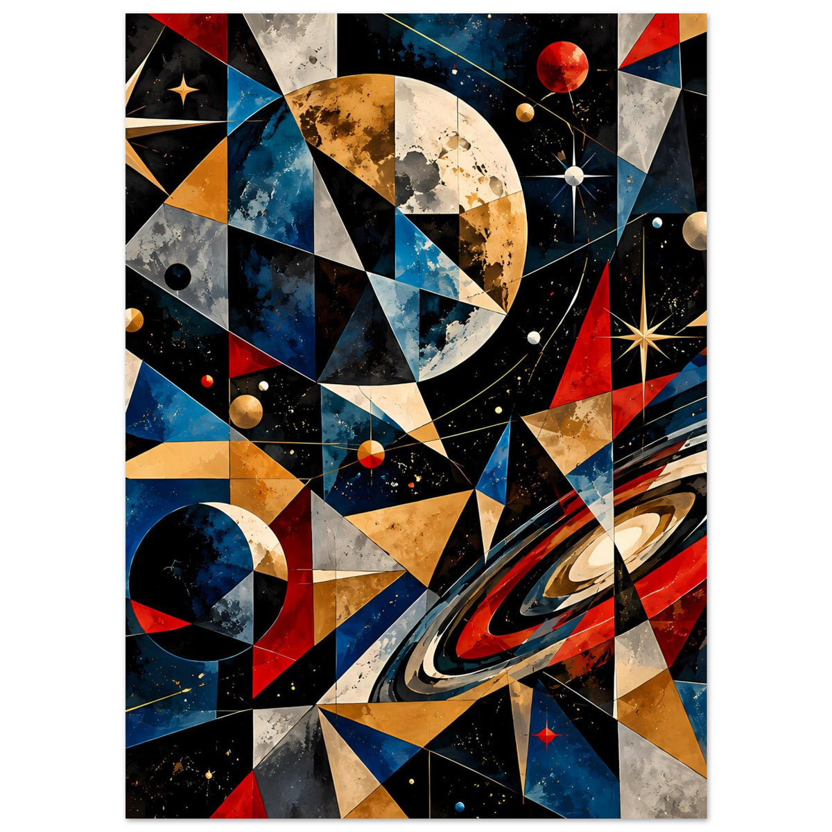 Wandposter mit kosmischer Abstraktion: Dreiecke, Kreise, Planeten und leuchtende Sterne in Rot/Blau.