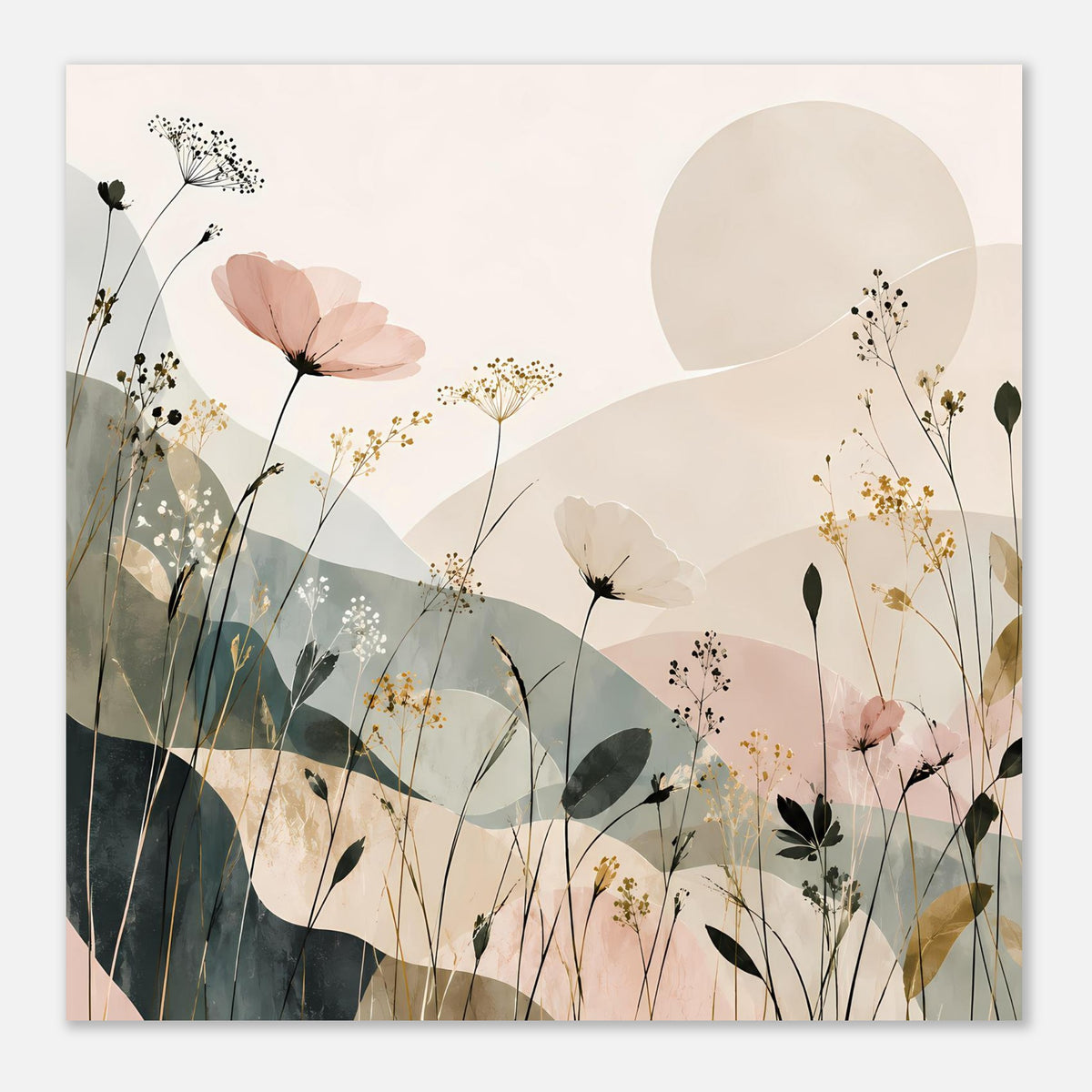 Florales abstraktes Poster im Querformat mit Blüten, Gräsern und ruhigen Pastellfarben