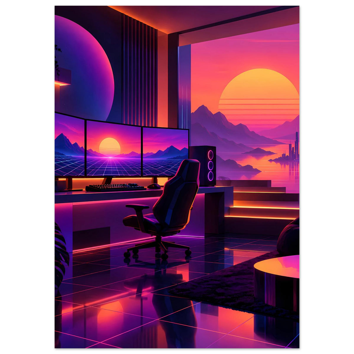 Retro-Neon-Sonnenuntergang-Poster: futuristische Lounge mit Stuhl, Skyline, Sonne und violettem Himmel