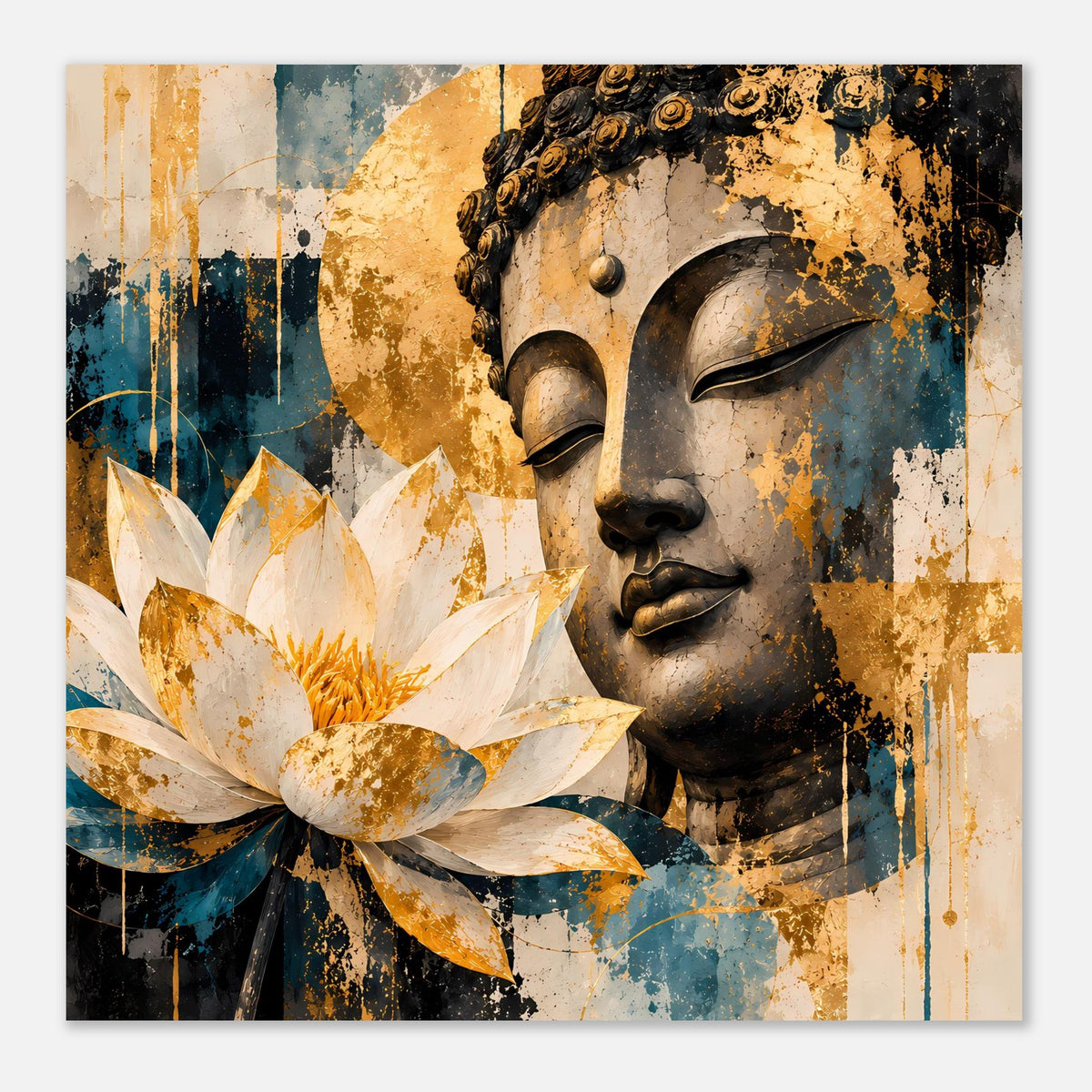Poster mit Buddha-Gesicht und Lotusblüte, goldene Sprenkel und Teal-Akzente