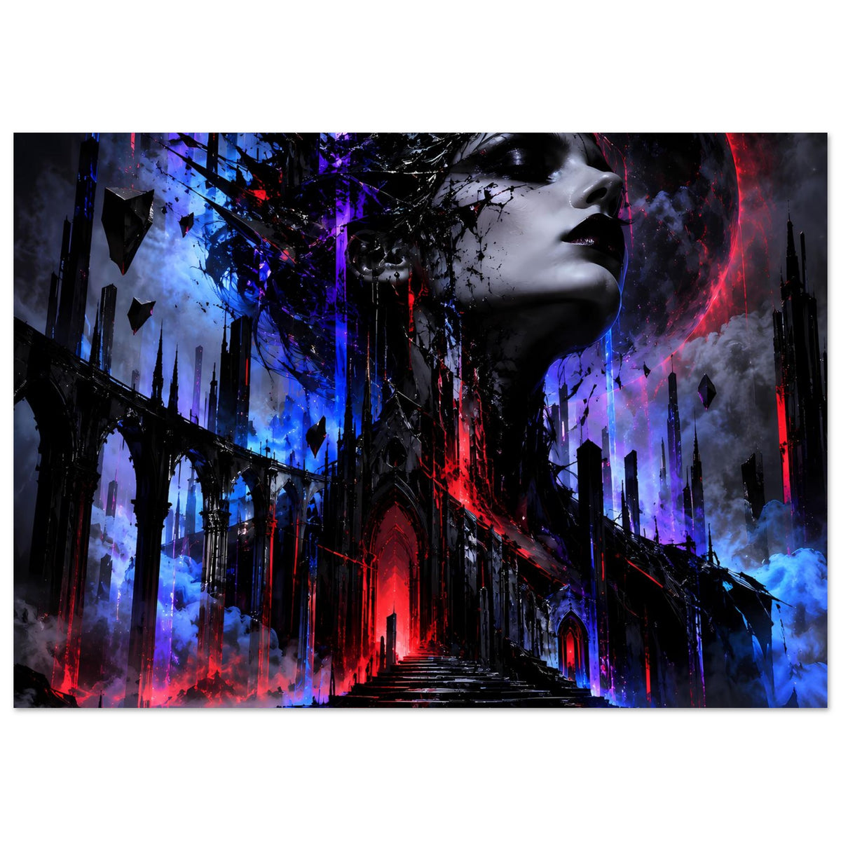 Gothic-Fantasy-Poster mit Profilgesicht, schwarzer Burglandschaft, Neonrot/Neonblau