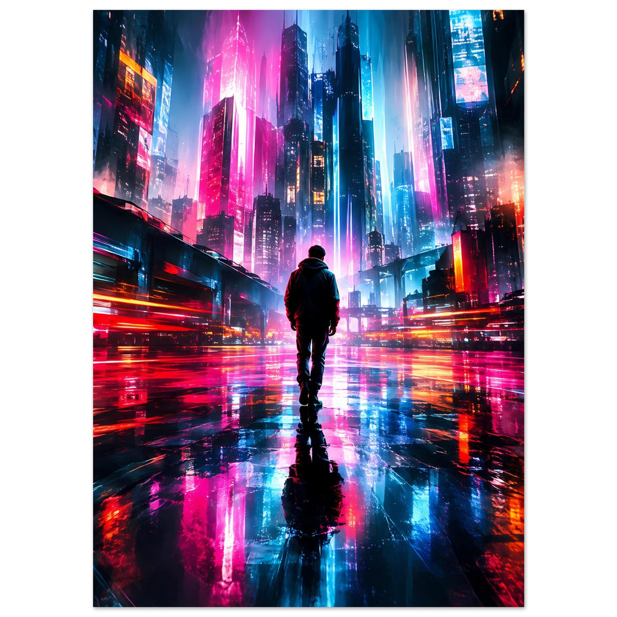 Hochformatiges Neonstadt-Poster mit farbigen Lichtspuren, einsame Figur auf der Straße