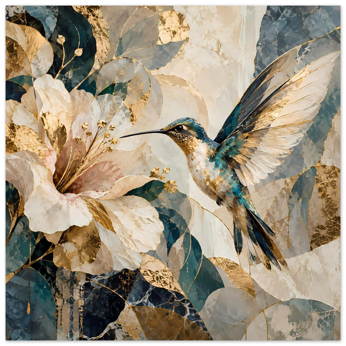 Kunstposter mit Kolibri- und Blumenmotiv in Beige, Blau und Gold, quadratisch