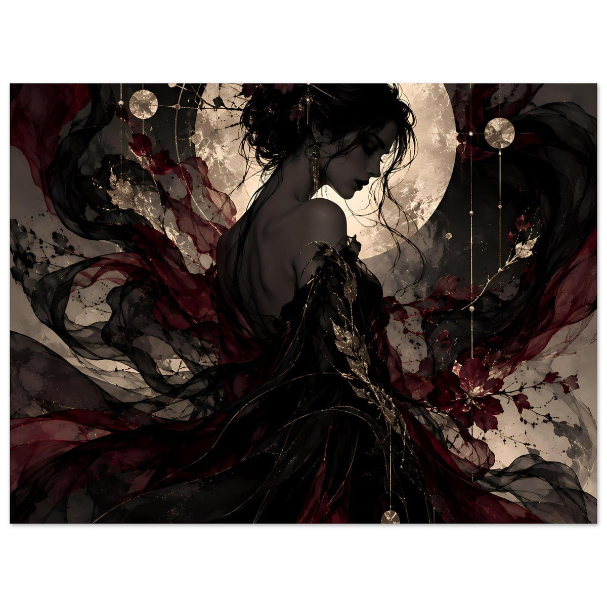 Poster im Querformat: Frauensilhouette im dunklen Kleid, Mond hinter Schleier, burgunderrote Linien