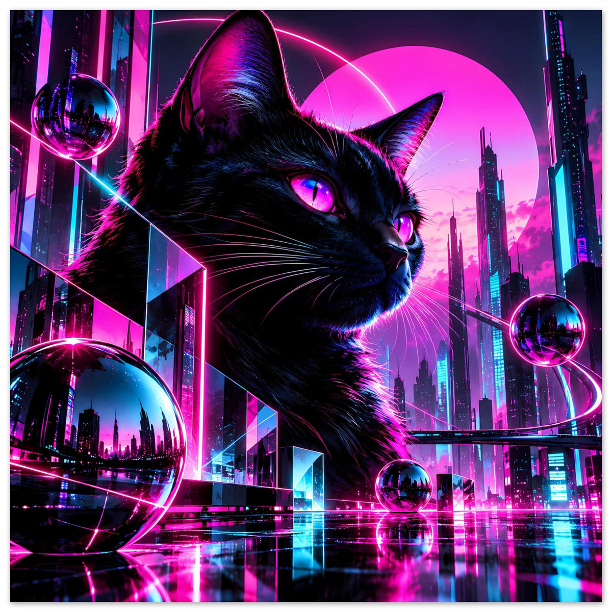 Neonkatzen-Poster: schwarzer Katerblick, pink-lila Neonringe und Stadt-Skyline