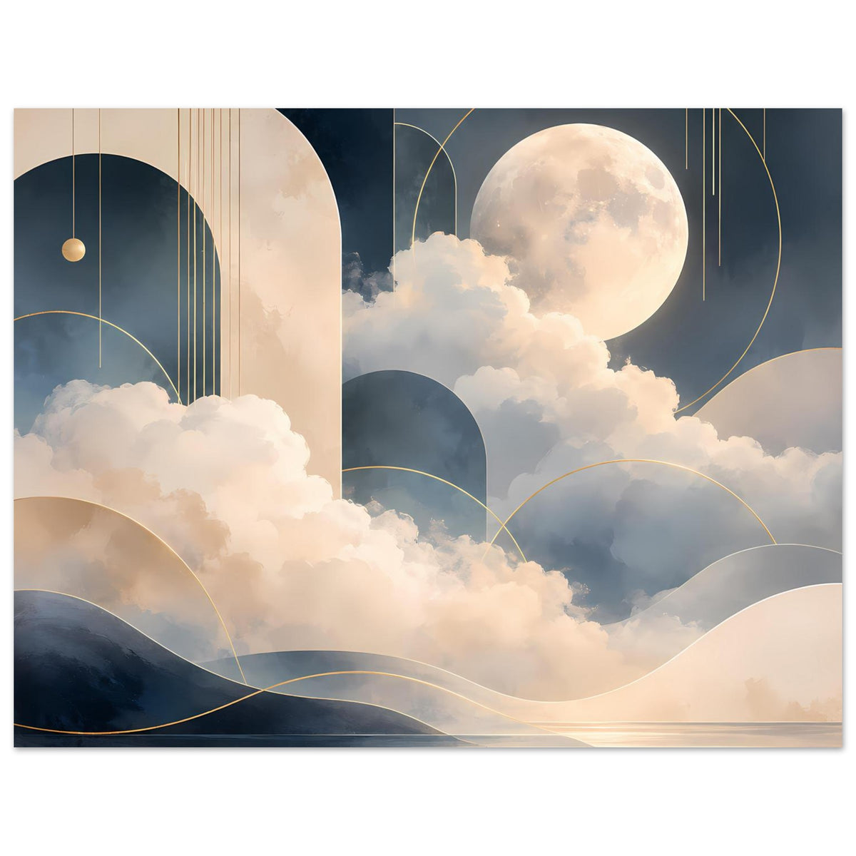 Abstraktes Mondlandschaft-Poster: Mond, Wolkenlandschaft und goldfarbene Rundbögen in harmonischen Tönen.