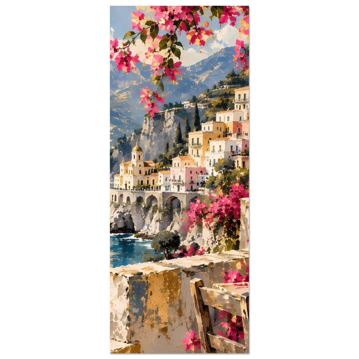 Mediterranes Küstenposter im Hochformat mit Häusern am Hang, Meer und pinken Blüten
