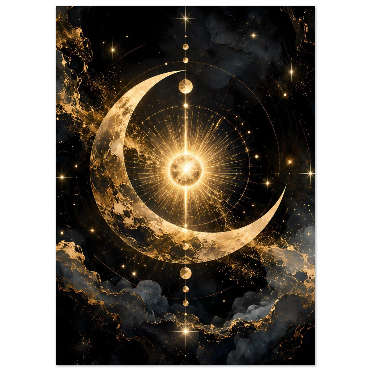 Vertikales Poster mit Mond- und Sternelementen, goldenen Lichtern und Kreislinien