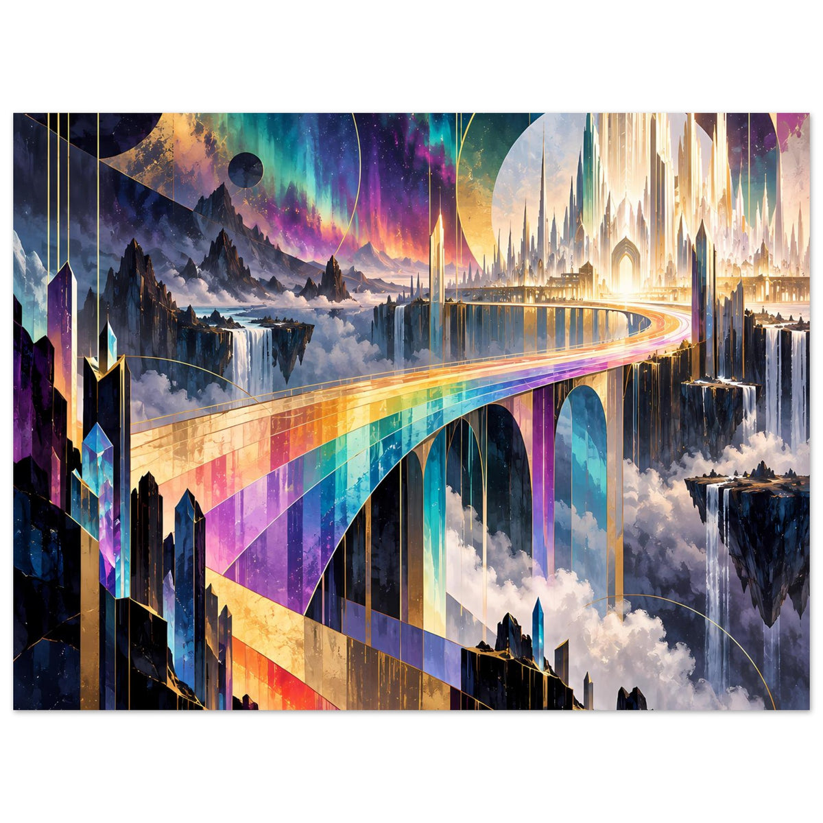 Poster mit Regenbogenbrücke und leuchtender Spur, umgeben von futuristischen Wolkenstadt-Elementen