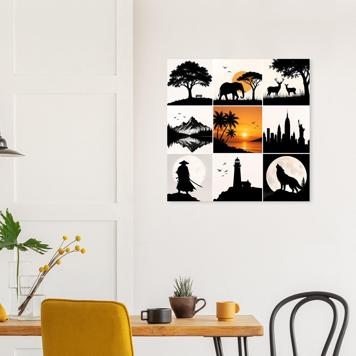 Quadratisches Kunstposter mit 3x3 Feldern: Tier- und Landschaftssilhouetten, schwarzer Stil
