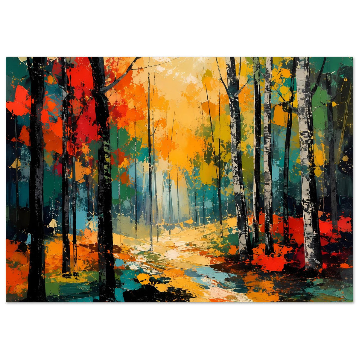 Herbstwald-Poster: bunte Baumreihe mit Lichtschein und Weg, abstrakte Farbspritzer