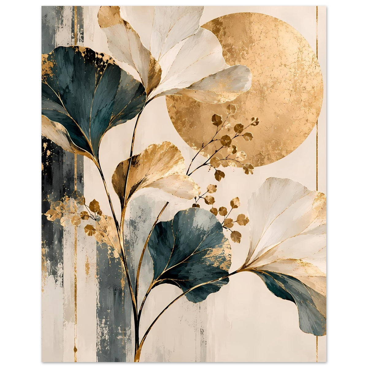 Poster mit Ginkgoblättern in Blau und Gold, abstrakte Sonnenscheibe und Blattzweige
