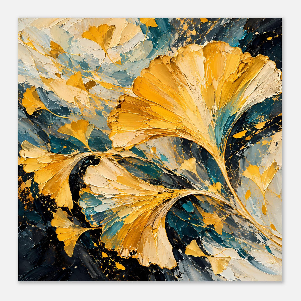 Abstraktes Ginkgo-Blatt-Poster in Gold und Teal, geschwungener Stamm und dunkle Spritzer