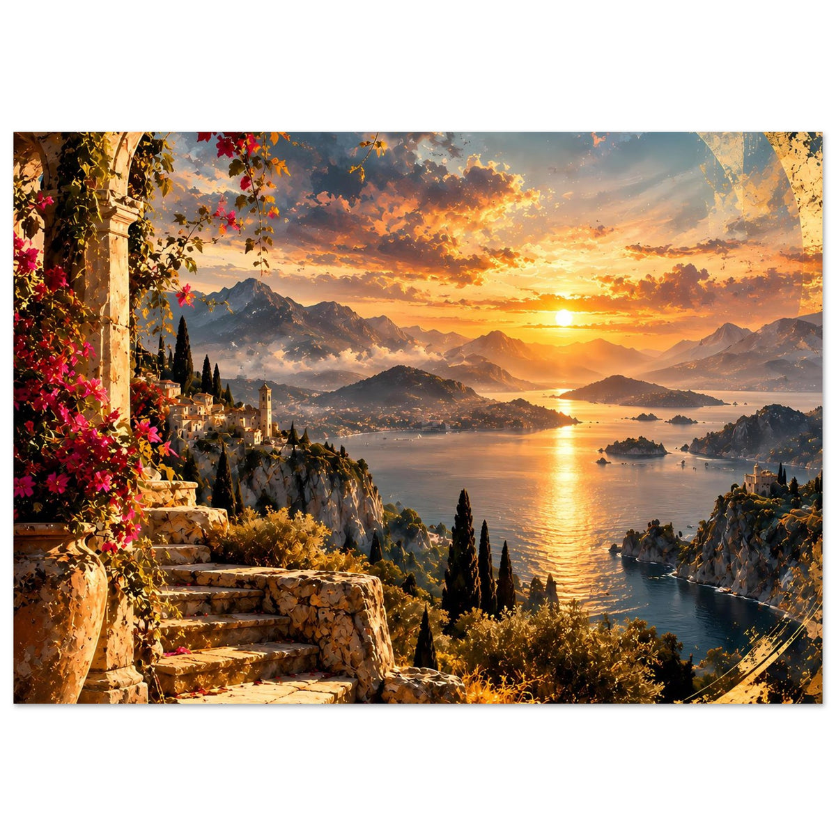 Küstenposter im Panoramaformat mit Sonnenuntergang, goldenem Meer und Gebirge