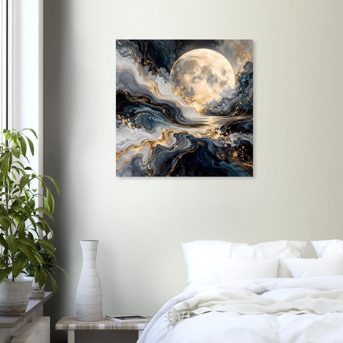 Quadratisches gerahmtes Wandposter mit Vollmond und wirbelnden Farbverläufen