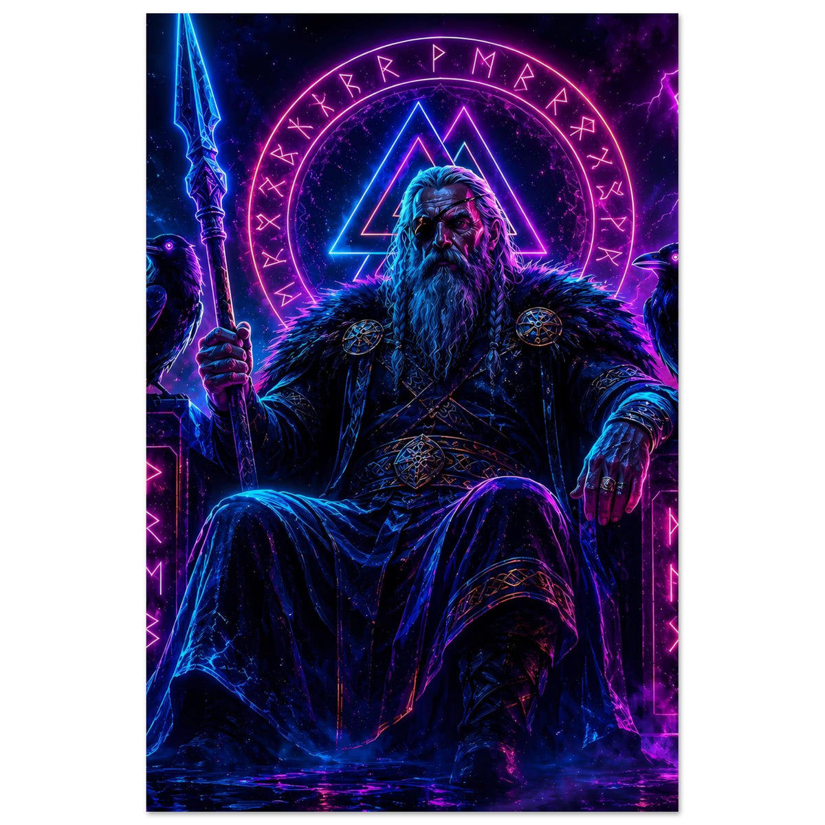 Fantasy-Poster: Wikingerkönig mit Bart und Fellmantel, blaue und pinke Neon-Runen am Körper