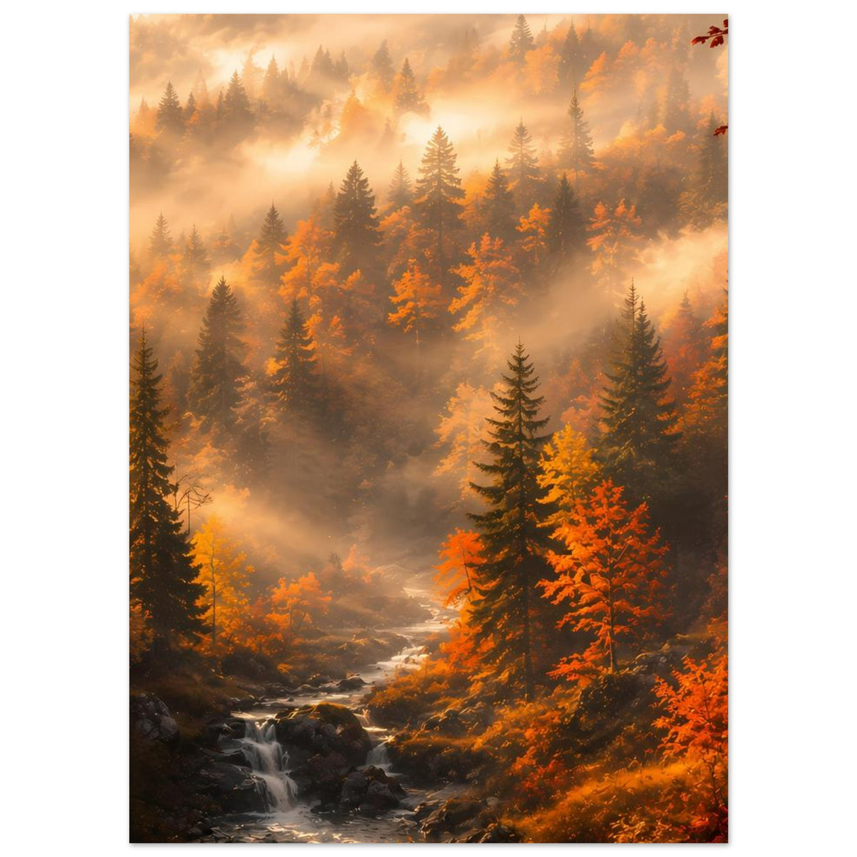 Herbst-Waldlandschafts-Poster mit Wasserlauf, Nebel und warmen orange-roten Baumfarben