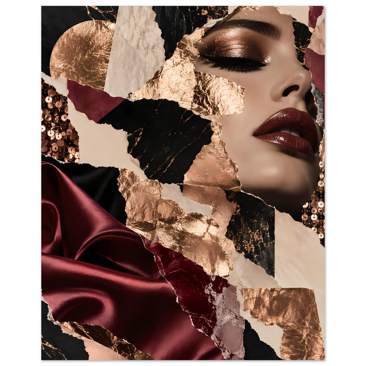Fashion-Collage-Poster mit Augenpartie und Goldfolien über bordeaux Satinstoff
