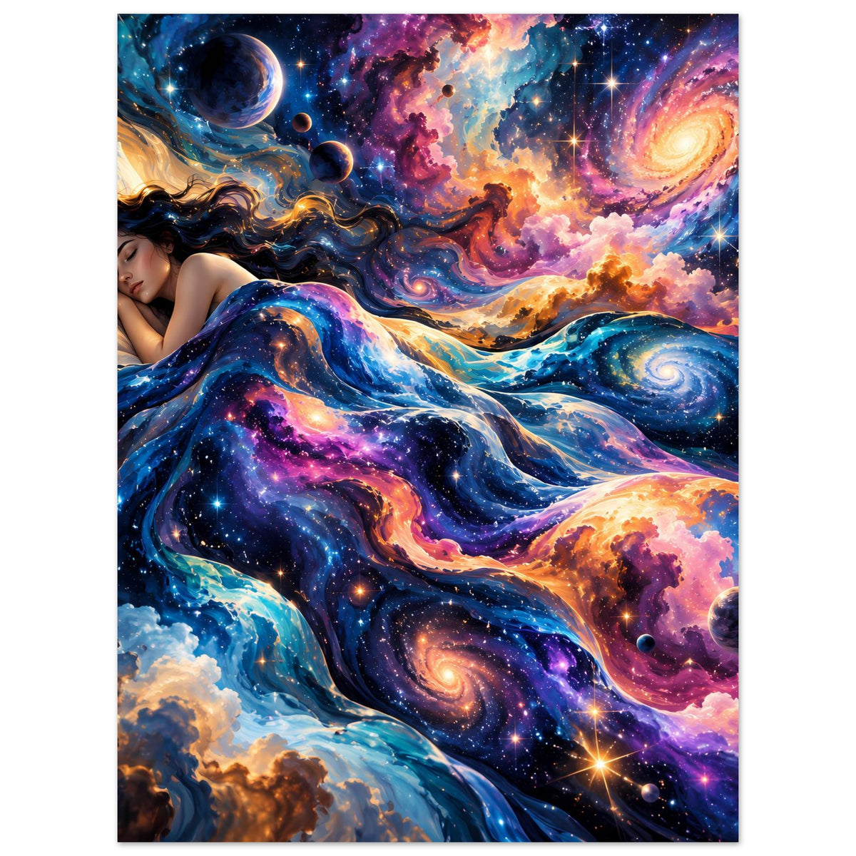 Galaxie-Poster im Hochformat: schlafende Frau in farbigen Sternen- und Wolkenbahnen, Planet