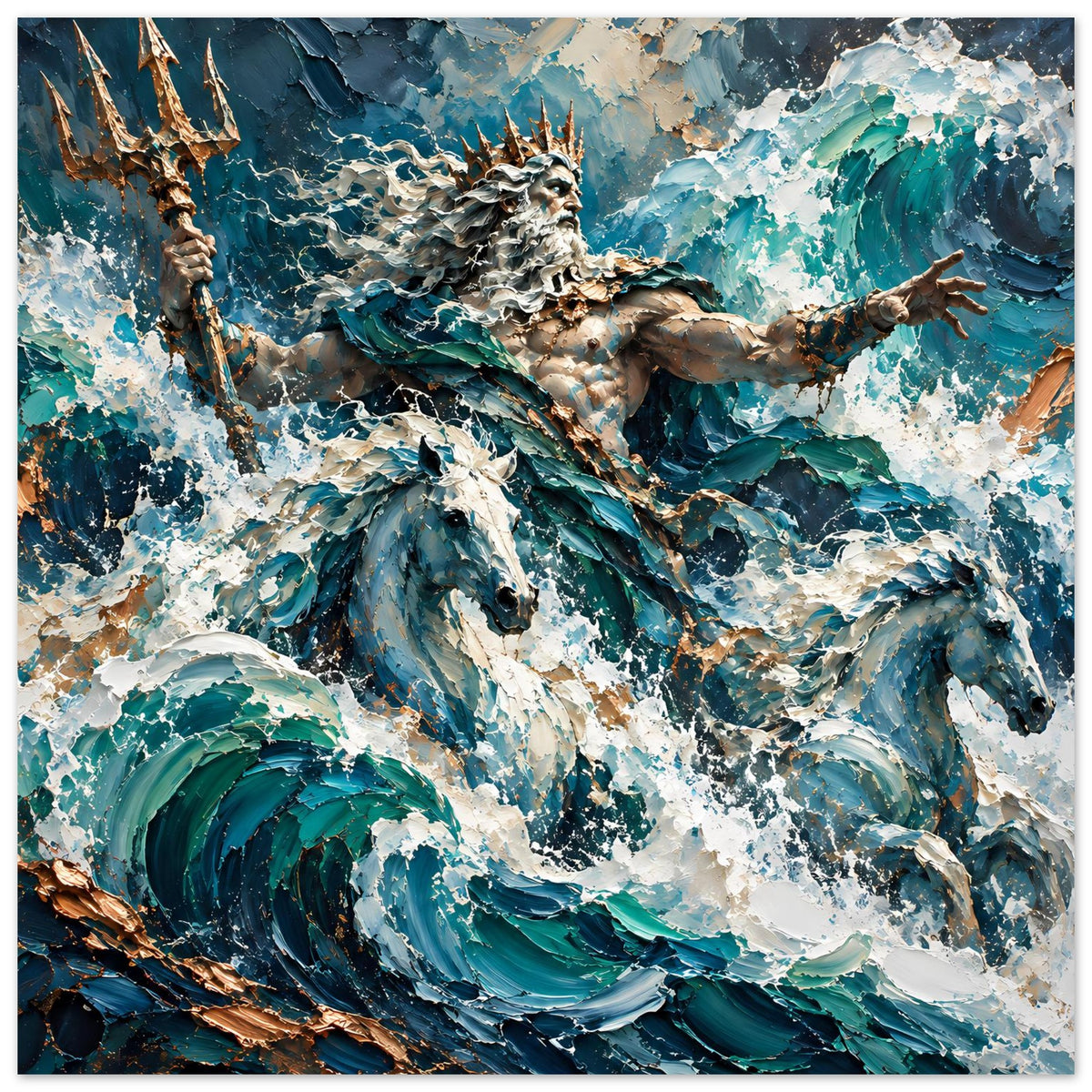 Poster (quadrat/nah) mit Neptun über türkisblauen Wellen, dynamischer Sprühwasser-Effekt