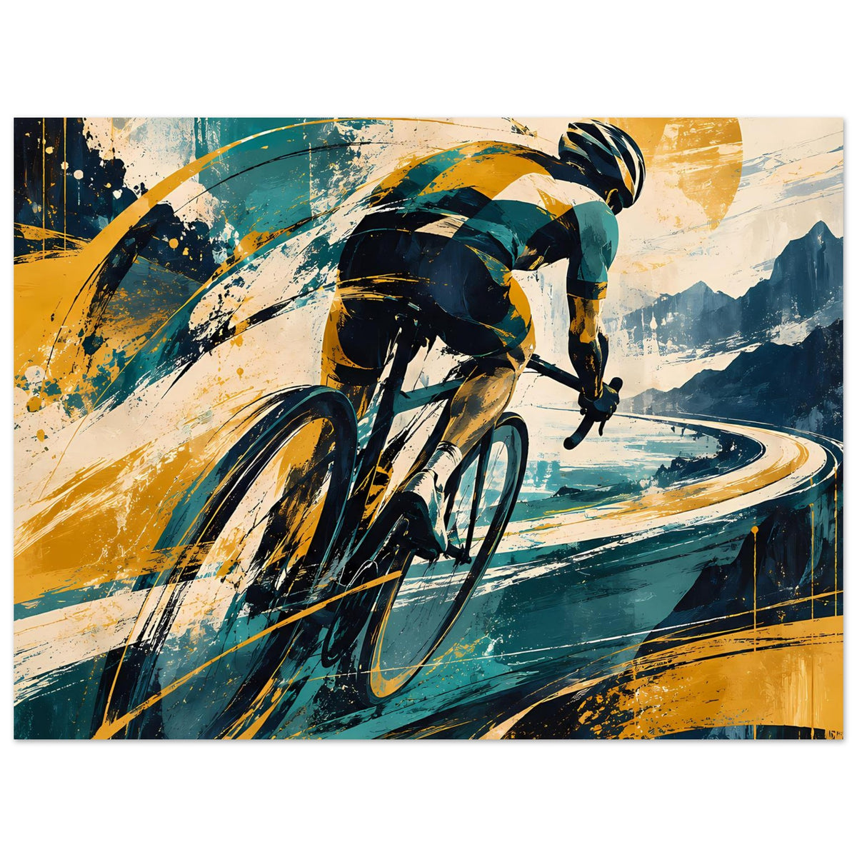 Sportposter im Querformat: Radfahrer bei Kurve, Blau- und Gelbtöne, Berglandschaft