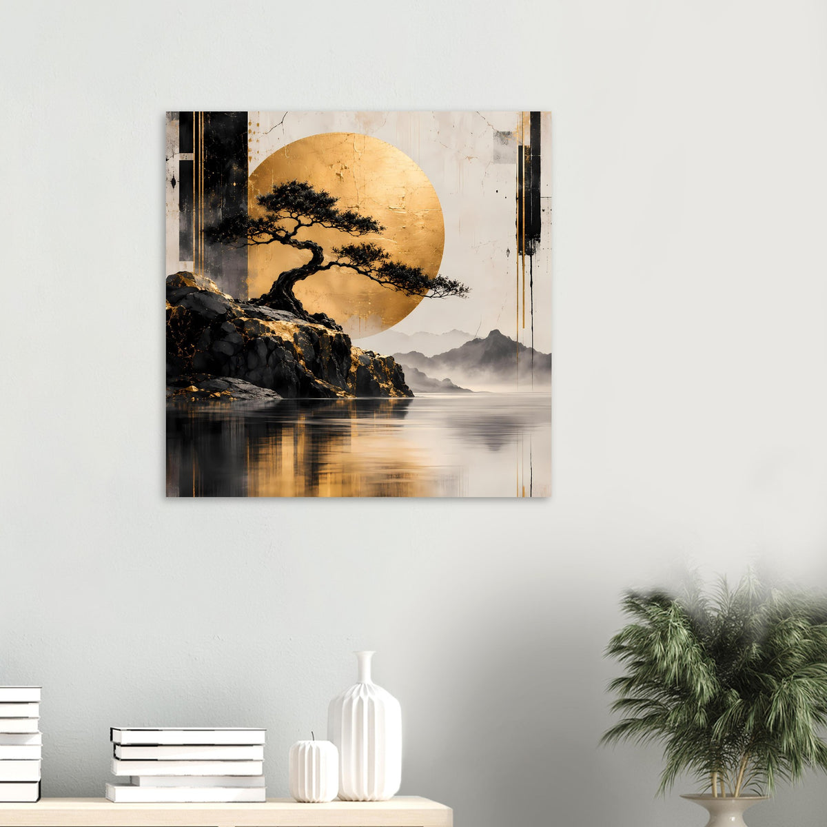 Kleines Zen-Poster mit Bonsai-Baum und goldener Sonne über Fels und ruhigem Wasser