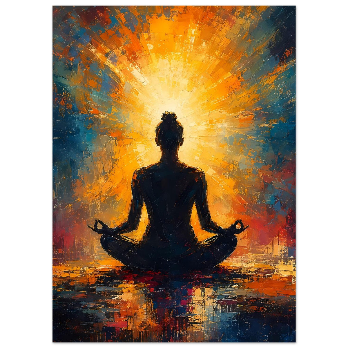 Meditatives Poster mit Meditationsfigur in Schwarz und hellem orangegelbem Strahlenkranz
