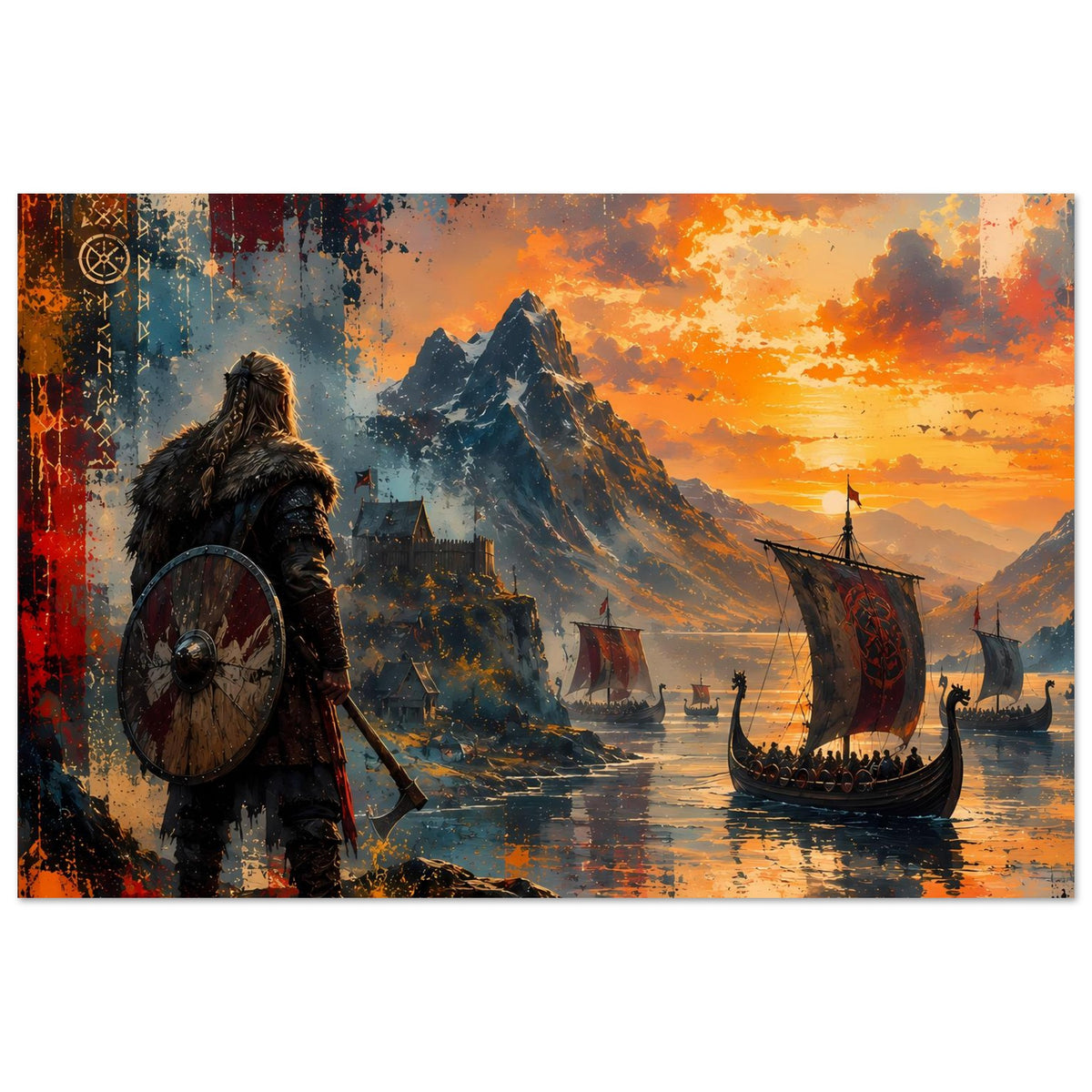 Hochkant-Poster: Wikingerkrieger mit Schild vor Bergen und Drachenboot im Abendlicht